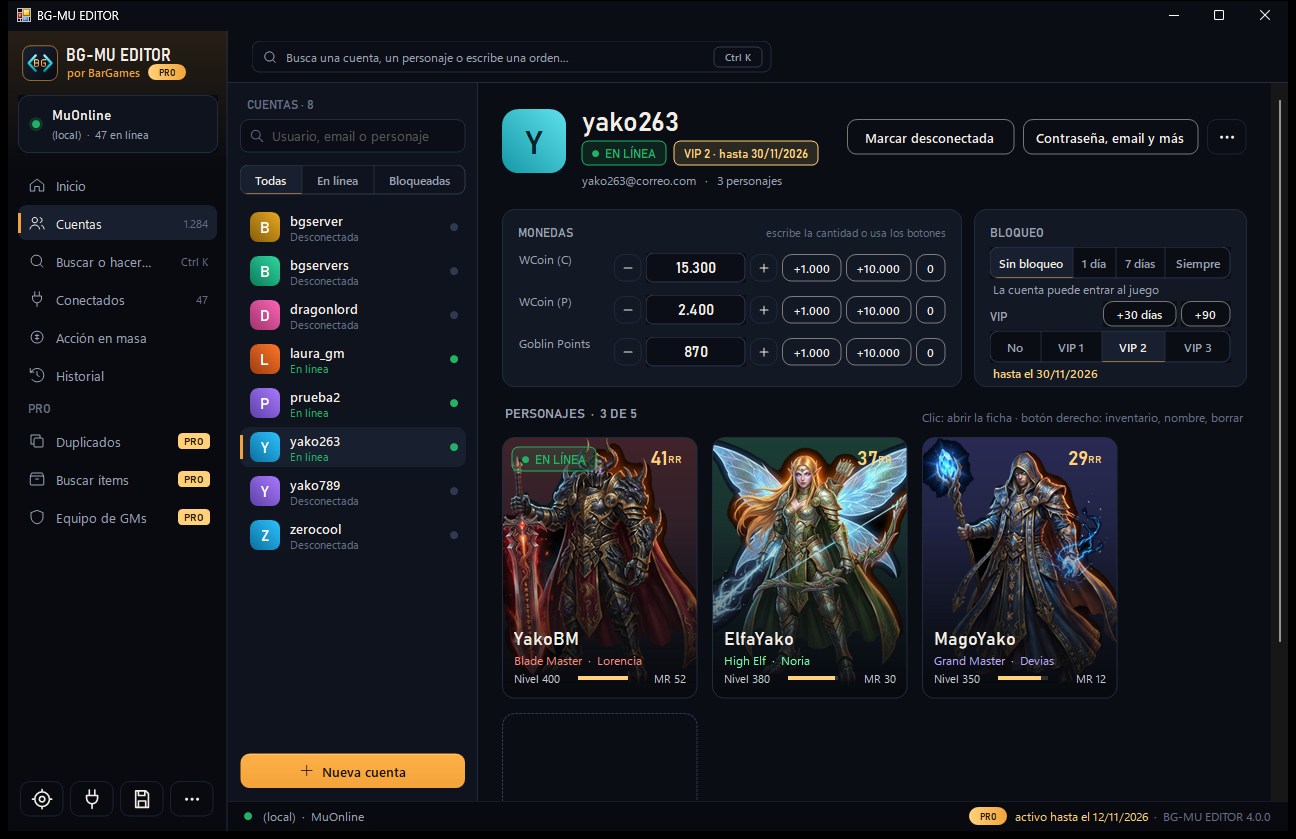 BG-MU EDITOR: ventana principal con la cuenta, las monedas y los personajes