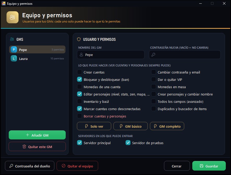 Equipo y permisos de GMs del BG-MU EDITOR PRO