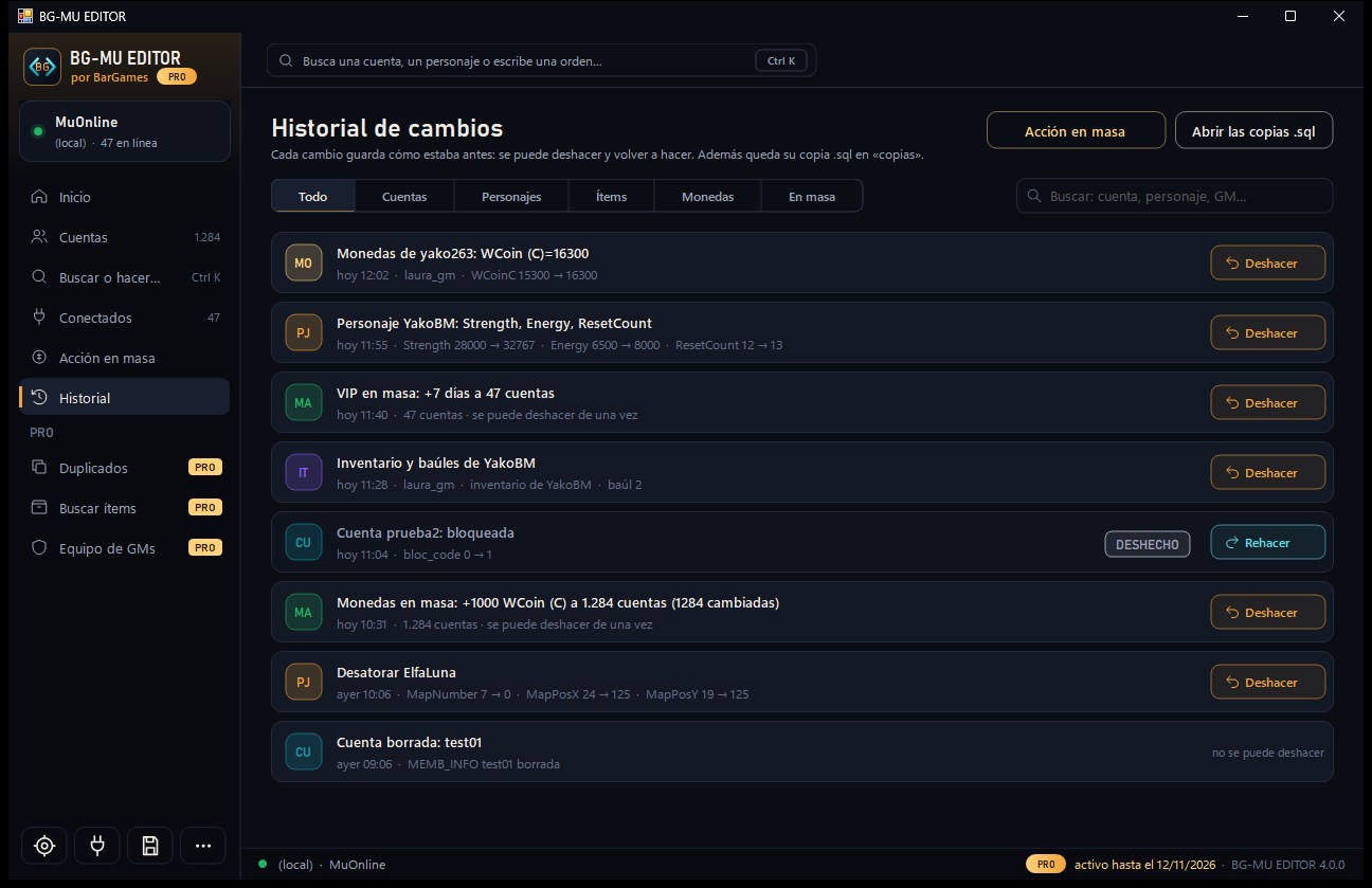 Historial de cambios del BG-MU EDITOR con Deshacer
