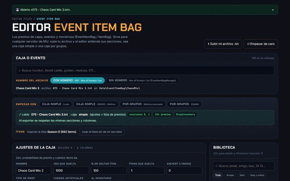Editor de Event Item Bag